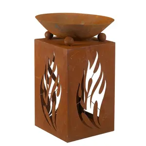 Fuego Fire Pit Bowl & Log Store - Weatherproof Outdoor Garden Wood Burner with Rust-Effect Finish & Cut-Out Design - H63 x 44cm