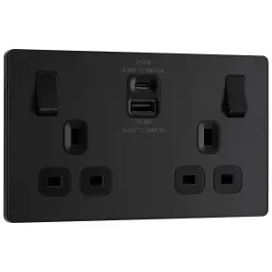 BG Matt Black Double 13A 22W Raised slim Switched Screwless Socket with USB, x2 & Black inserts