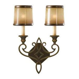 Twin Wall Light Iron Scroll Detail Glass Aged Oak Astral Bronze LED E14 60W