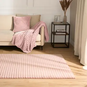 Faux Fur Rug Living Room Ribbed Large Mat Carpet, Blush - 120 x 170cm