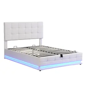 Ottoman Lift Storage Bed with LED Lighting, PU Faux Leather Upholstered 4ft6 Double Size Bed Frame(Without Mattress, White)