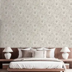 Holden Cecelia Floral Jacobean Style Metallic Vinyl Textured Dove Grey Wallpaper