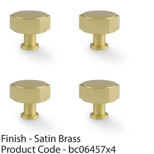 4 PACK - Industrial Hex Cabinet Door Knob - 40mm Satin Brass Cupboard Pull Handle