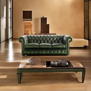 Chesterfield 3 Seater Antique Green Leather Sofa Bespoke In Classic Style