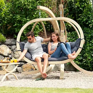 Amazonas Globo Double 2 Seat/Person Wooden Hanging Egg Chair With Agora Fabric Weatherproof Cushion - Anthracite