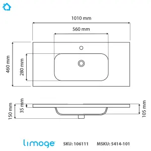 5414 Ceramic 100cm x 45cm Mid-Edge Inset Basin with Oval Bowl