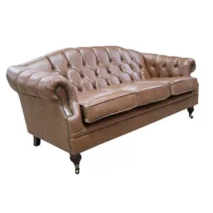 Chesterfield 3 Seater New England Saddle Leather Sofa Settee In Victoria Style