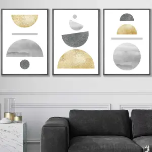 Set of 3 Golden Yellow and Grey Abstract Mid Century Geometric Wall Art Prints / 50x70cm / Dark Grey Frame