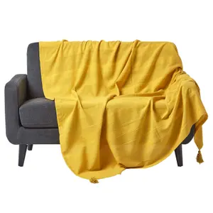 Homescapes Cotton Rajput Ribbed Yellow Throw, 225 x 255 cm