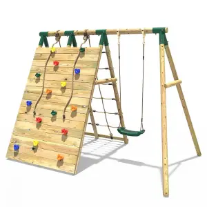 Rebo Beat The Wall Wooden Swing Set with Double up & Over Climbing Wall -Apex