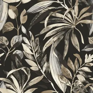 Grandeco Inky Palm Botanical Jungle Textured Wallpaper, Black Beige