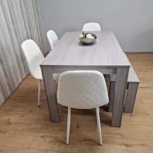 Grey Dining Table with 4 Diamond Stitched White Chairs and 1 Bench