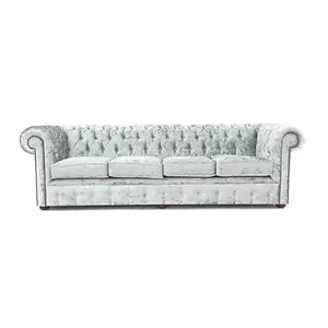 Chesterfield 4 Seater Sofa Shimmer Sliver Real Velvet Fabric In Classic Style