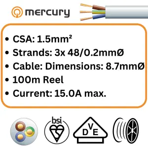 100m Mains Electric Cable 3183Y 3 Core Round PVC, 300/500V, HO5VV-F3, 15A - 100m Reel: White Sheath