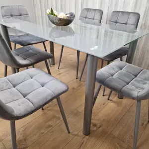 Grey Clear Glass Dining Table With 6 Grey Tufted Velvet Chairs Dining Set