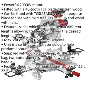 Sliding Compound Mitre Saw with 255mm 40 Tooth TCT Blade - 2000W Motor