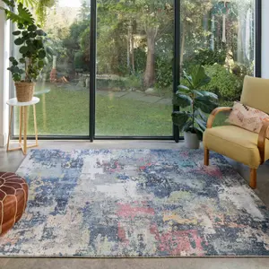 Navy Blue Multicoloured Abstract Distressed Soft Fireside Living Area Rug 60cm x240cm