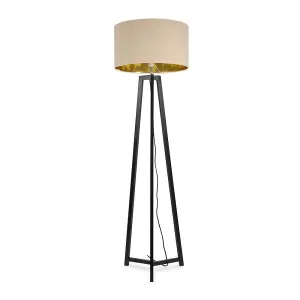 ValueLights Lottie Black Wood Tripod Floor Lamp with Beige/Gold Drum Shade