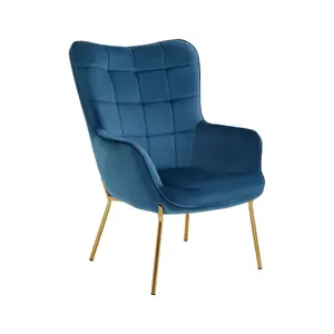 Interiors by Premier And Durable Blue Velvet Armchair with Gold Legs, High Back Patterned Armchair, Easy to Maintain Bucket Chair