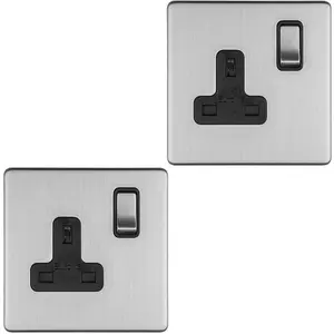 2 PACK 1 Gang DP 13A Switched UK Plug Socket SCREWLESS SATIN STEEL Wall Power