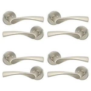 URBNLIVING 120mm Length 8 Pcs Lyon Metal & Satin Nickel Rose Lever Latch Door Handles Set