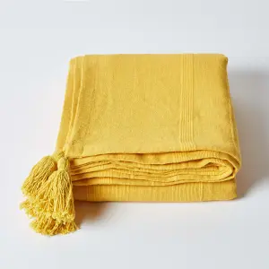 Homescapes Cotton Rajput Ribbed Yellow Throw, 255 x 360 cm